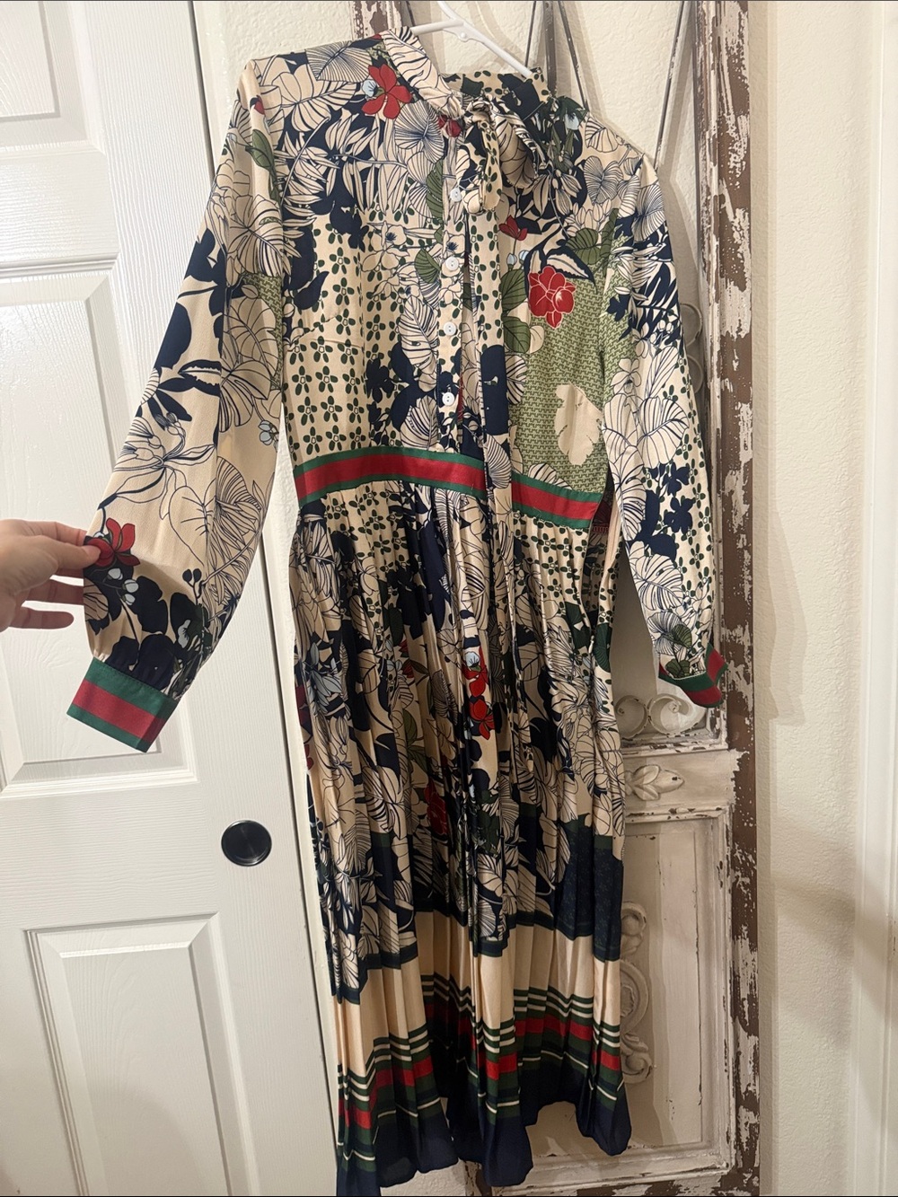 Tie-Neck Long Sleeve Floral Midi Dress in Beige and Navy